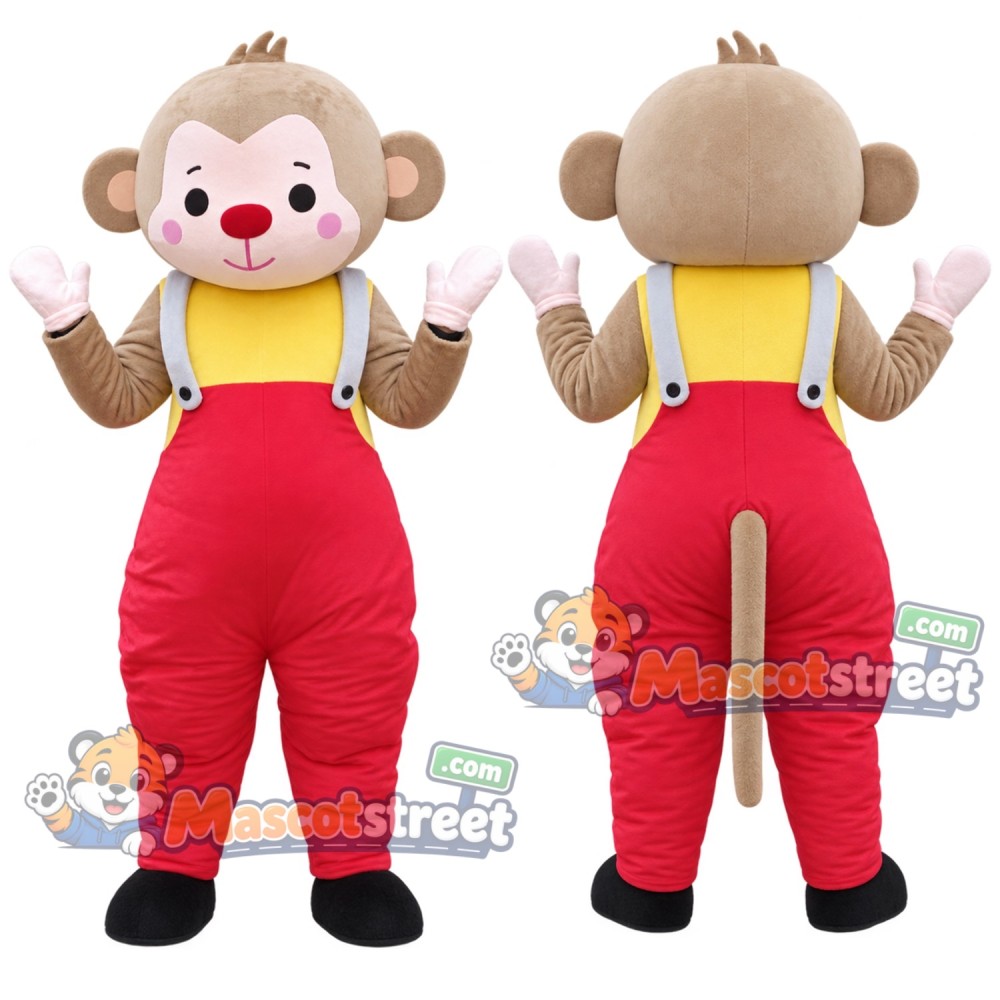 Brown Monkey Mascot Costume with Red Overalls and Yellow Shirt Brown Monkey Mascot Costume with Red Overalls and Yellow Shirt