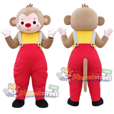 Brown Monkey Mascot Costume with Red Overalls and Yellow Shirt Brown Monkey Mascot Costume with Red Overalls and Yellow Shirt