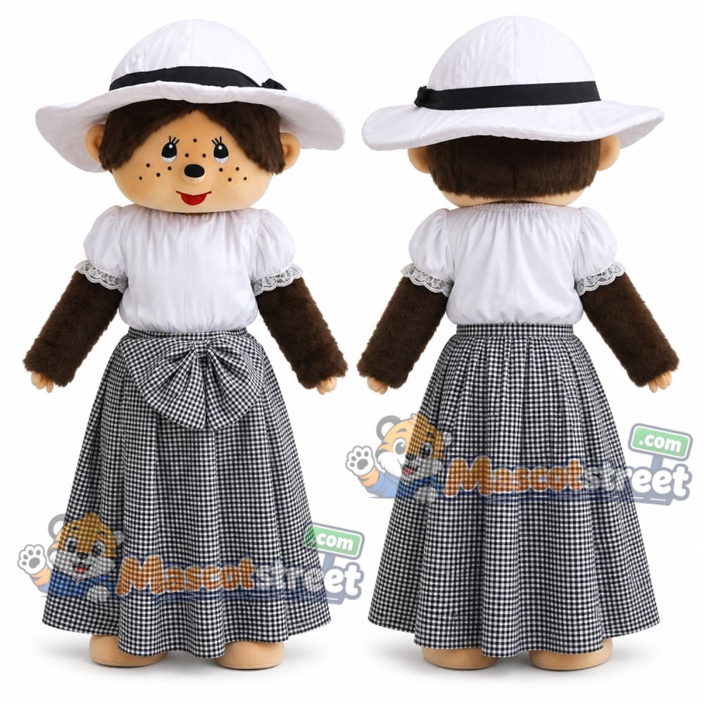 Brown Monkey Mascot Costume with White Blouse, Gray Skirt and White Hat