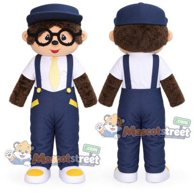 Brown Monkey Mascot Costume with Navy Overalls, White Shirt, Glasses and Blue Cap Brown Monkey Mascot Costume with Navy Overalls, White Shirt, Glasses and Blue Cap