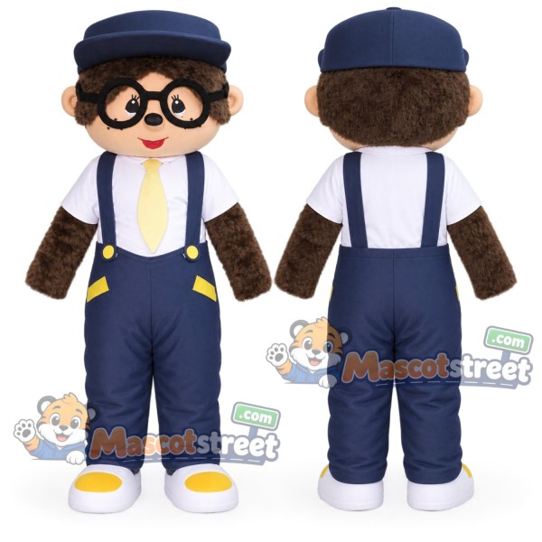 Brown Monkey Mascot Costume with Navy Overalls, White Shirt, Glasses and Blue Cap