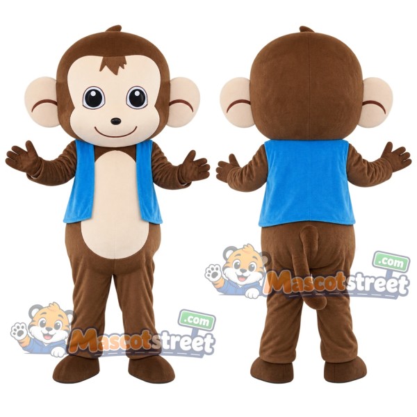 Brown Monkey Mascot Costume with Blue Vest