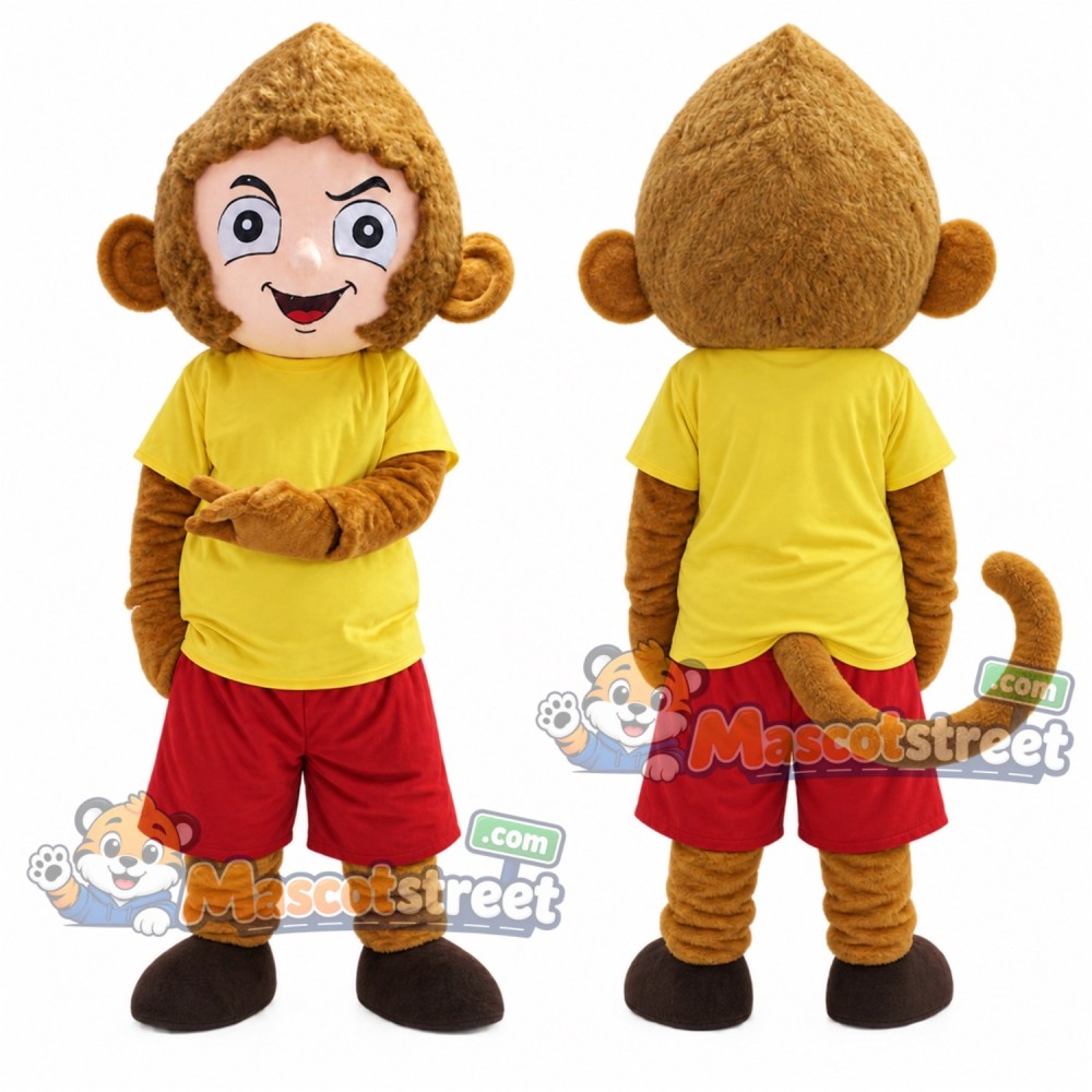 Brown Monkey Mascot Costume with Yellow Shirt and Red Shorts