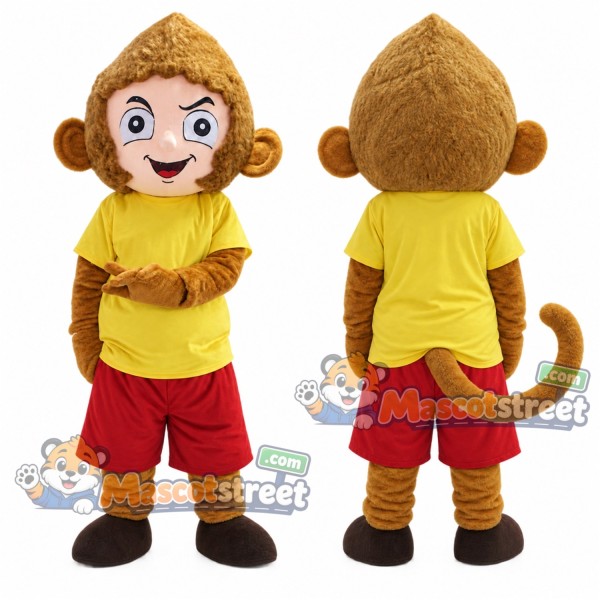 Brown Monkey Mascot Costume with Yellow Shirt and Red Shorts