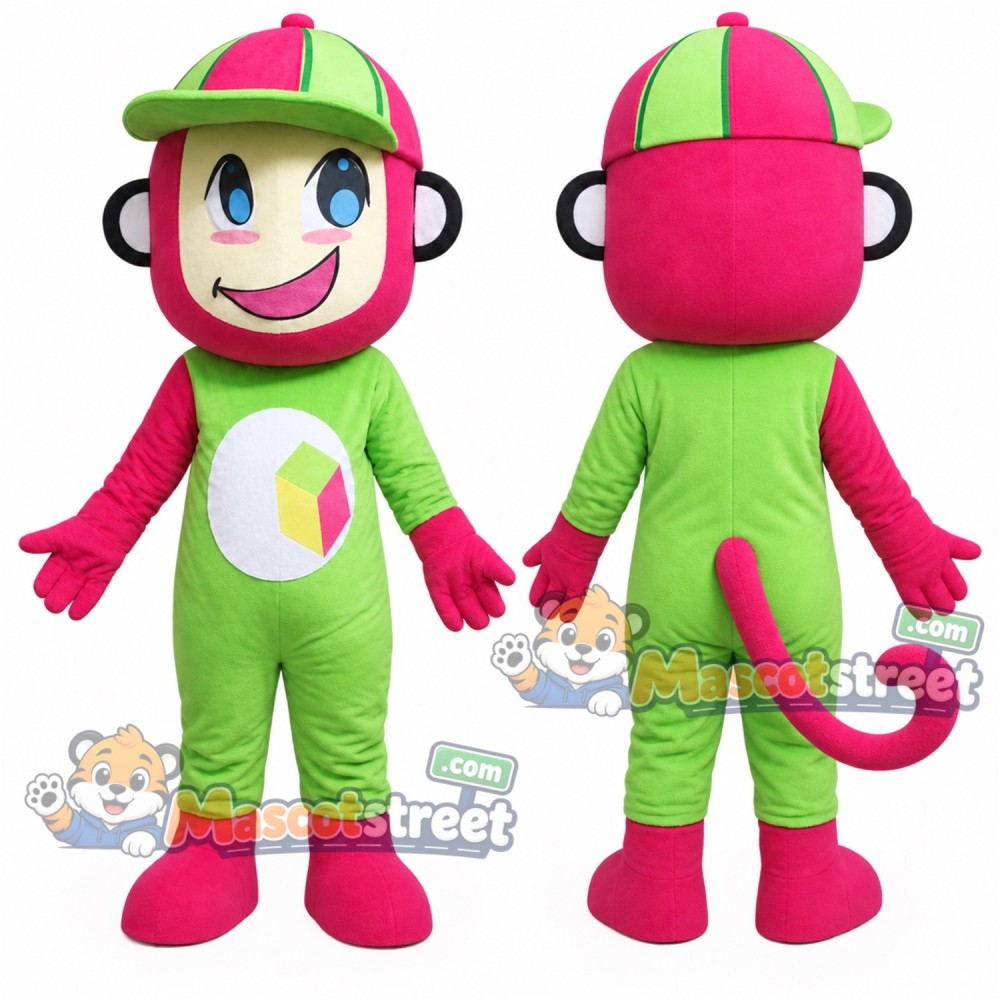 Pink Monkey Mascot Costume with Green Outfit and Cap