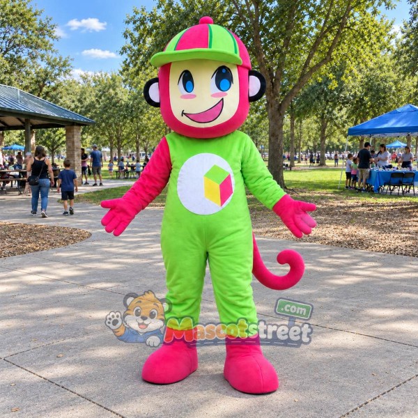 Pink Monkey Mascot Costume with Green Outfit and Cap
