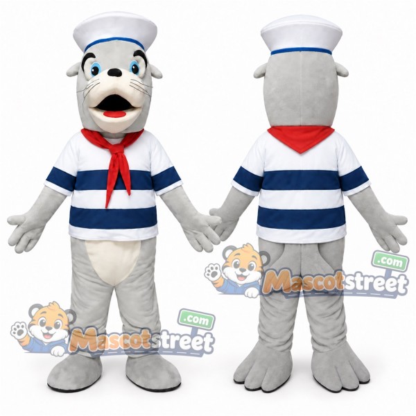 Gray Seal Sailor Mascot Costume with Striped Shirt, Neckerchief and Sailor Hat