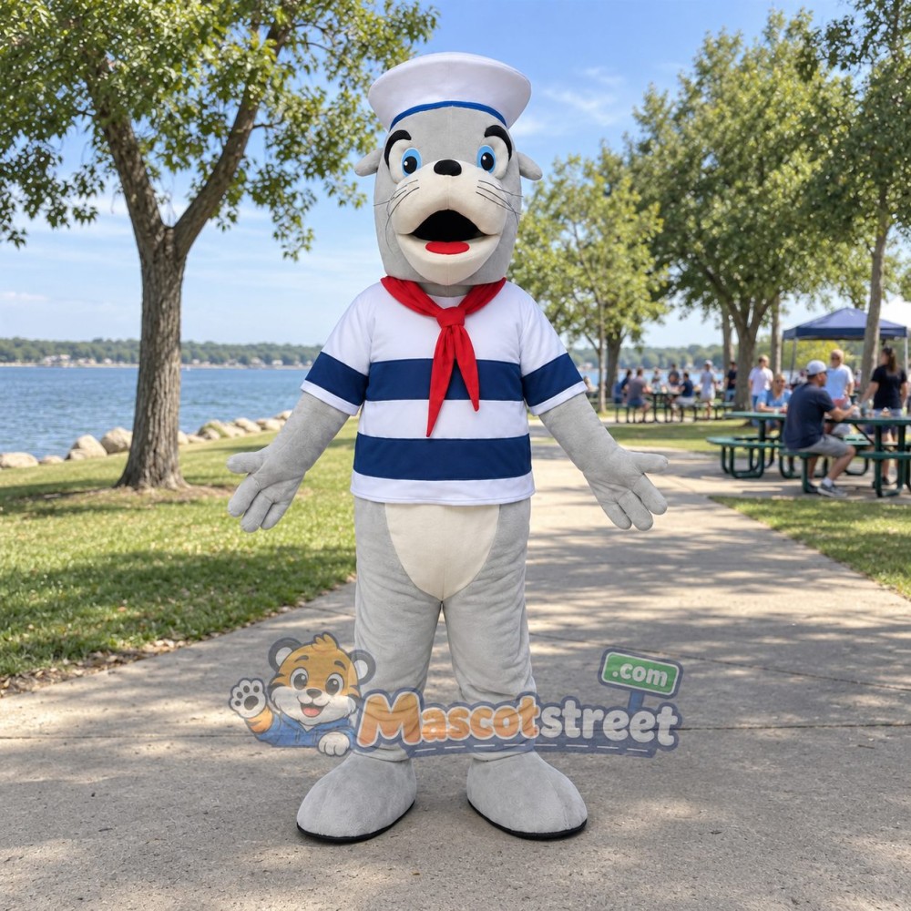 Gray Seal Sailor Mascot Costume with Striped Shirt, Neckerchief and Sailor Hat Gray Seal Sailor Mascot Costume with Striped Shirt, Neckerchief and Sailor Hat