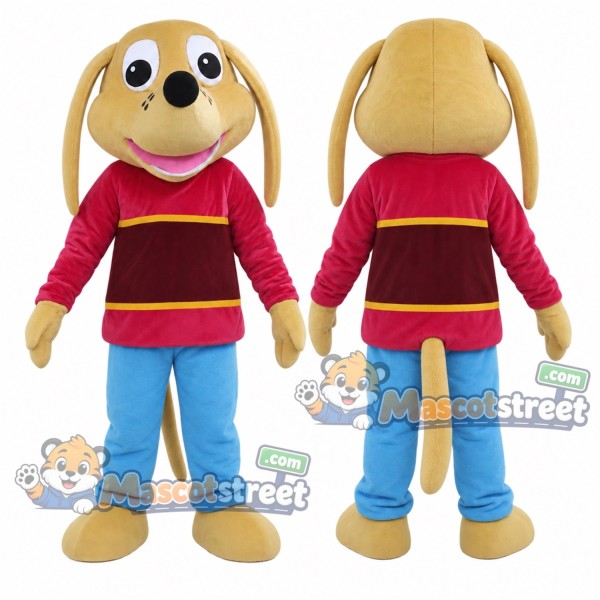 Tan Long Eared Dog Mascot Costume with Burgundy Sweater and Blue Pants