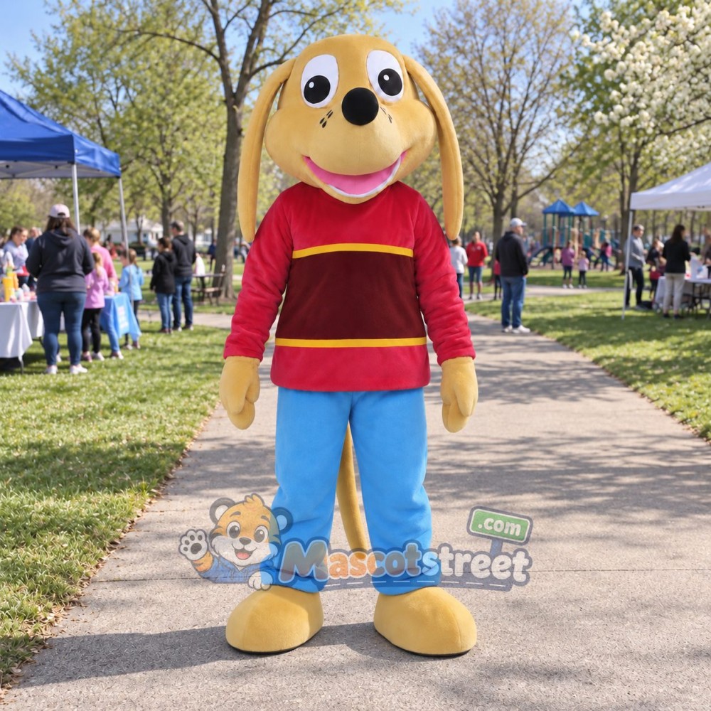 Tan Long Eared Dog Mascot Costume with Burgundy Sweater and Blue Pants Tan Long Eared Dog Mascot Costume with Burgundy Sweater and Blue Pants