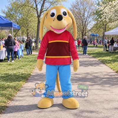 Tan Long Eared Dog Mascot Costume with Burgundy Sweater and Blue Pants Tan Long Eared Dog Mascot Costume with Burgundy Sweater and Blue Pants