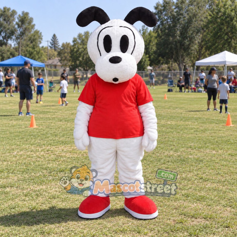 White and Black Dog Mascot Costume with Red Shirt