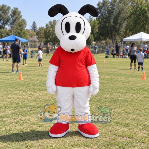 White and Black Dog Mascot Costume with Red Shirt
