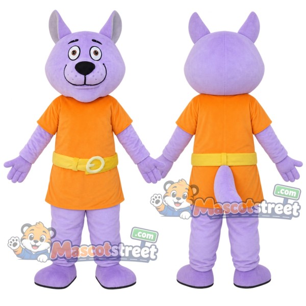 Purple Dog Mascot Costume with Orange Shirt and Shorts