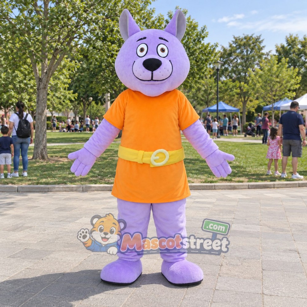Purple Dog Mascot Costume with Orange Shirt and Shorts