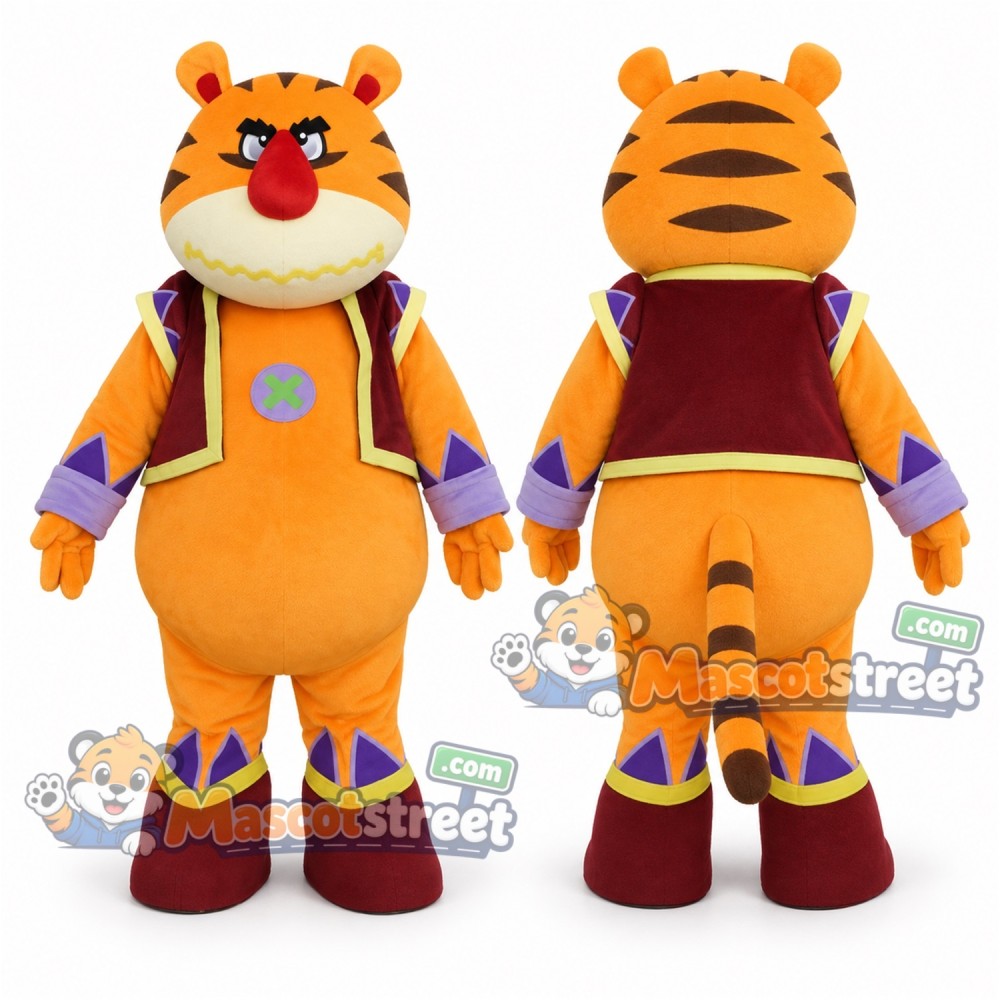 Orange Tiger Mascot Costume with Burgundy Vest Orange Tiger Mascot Costume with Burgundy Vest