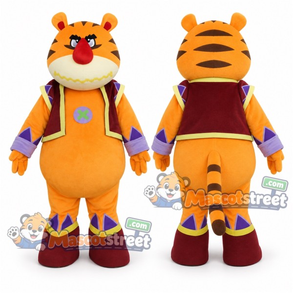 Orange Tiger Mascot Costume with Burgundy Vest