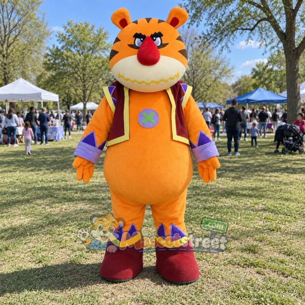 Orange Tiger Mascot Costume with Burgundy Vest