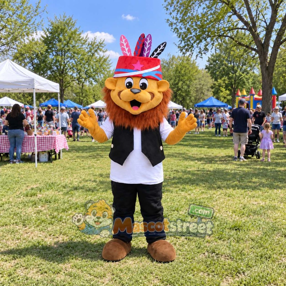 Orange Lion Mascot Costume with Black and White Outfit and Feathered Hat Orange Lion Mascot Costume with Black and White Outfit and Feathered Hat