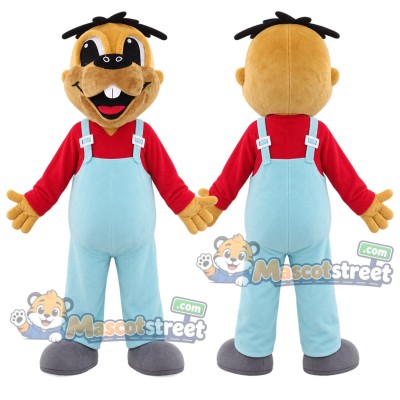 Tan Dog Mascot Costume with Light Blue Overalls, Red Shirt and Goggles