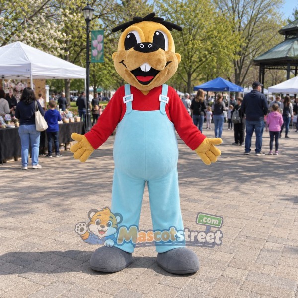 Tan Dog Mascot Costume with Light Blue Overalls, Red Shirt and Goggles