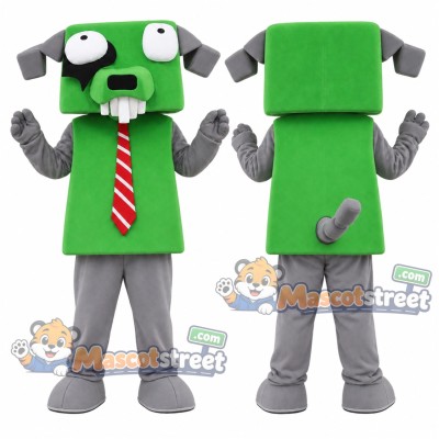 Green Robot Dog Mascot Costume with Red Striped Tie and Gray Pants Green Robot Dog Mascot Costume with Red Striped Tie and Gray Pants