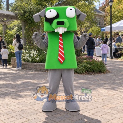 Green Robot Dog Mascot Costume with Red Striped Tie and Gray Pants Green Robot Dog Mascot Costume with Red Striped Tie and Gray Pants