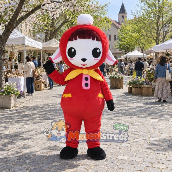 Sheep Mascot Costume with Red Hooded Outfit