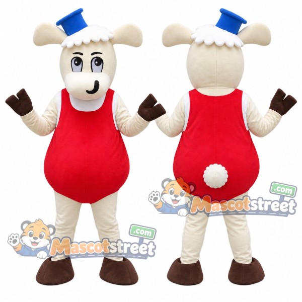 White Sheep Mascot Costume with Red Overalls and Blue Hat