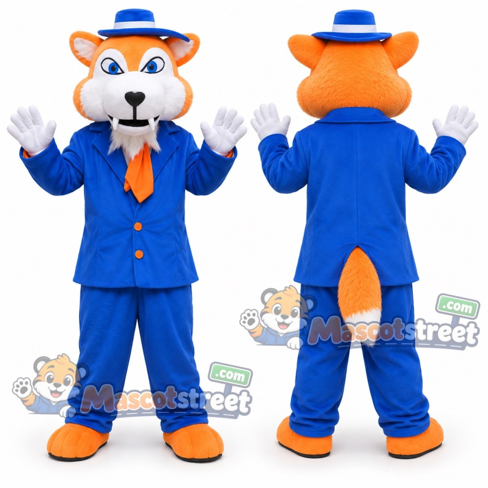 Orange Canine Mascot Costume with Blue Suit and Hat