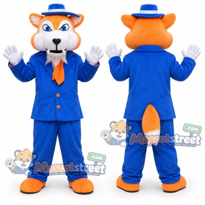 Orange Canine Mascot Costume with Blue Suit and Hat