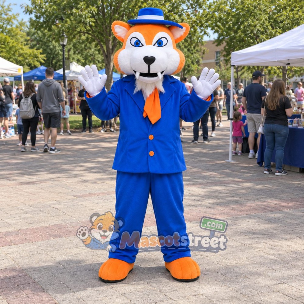 Orange Canine Mascot Costume with Blue Suit and Hat