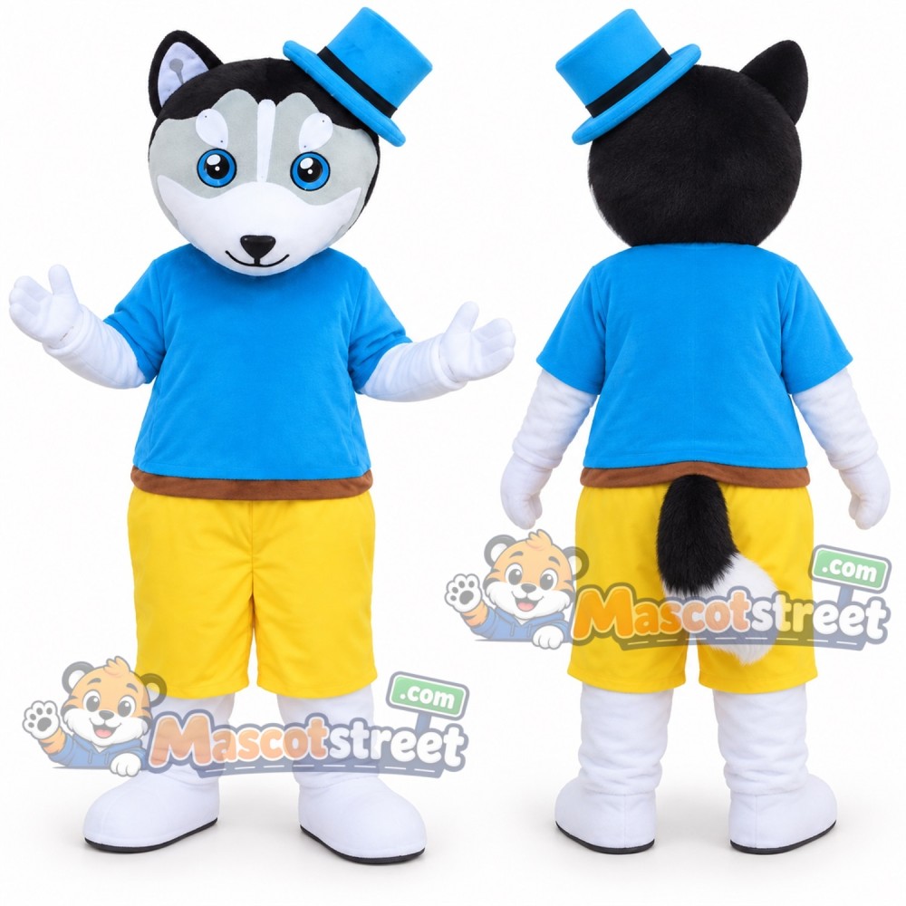 Black and White Cat Mascot Costume with Blue Shirt, Yellow Shorts and Blue Top Hat Black and White Cat Mascot Costume with Blue Shirt, Yellow Shorts and Blue Top Hat