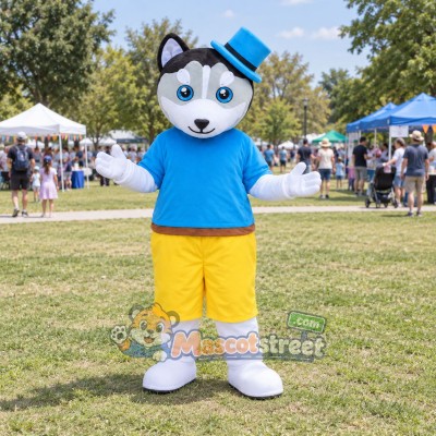 Black and White Cat Mascot Costume with Blue Shirt, Yellow Shorts and Blue Top Hat Black and White Cat Mascot Costume with Blue Shirt, Yellow Shorts and Blue Top Hat