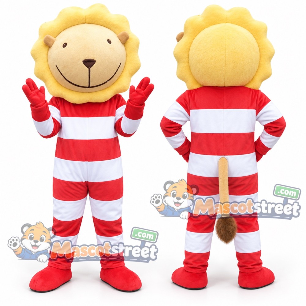 Yellow Lion Mascot Costume with Red and White Striped Outfit Yellow Lion Mascot Costume with Red and White Striped Outfit