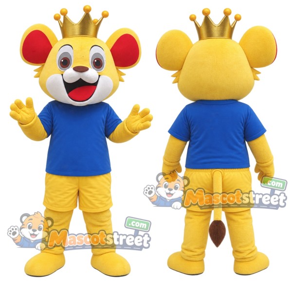 Yellow Lion King Mascot Costume with Blue Shirt and Crown