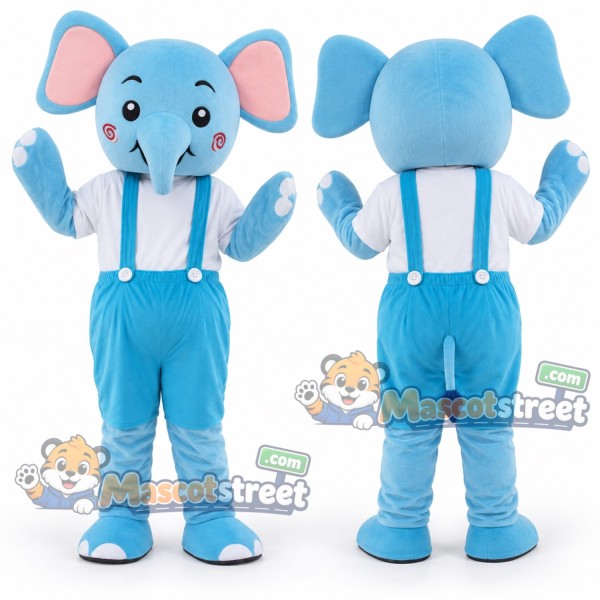 Blue Elephant Mascot Costume with Blue Overalls