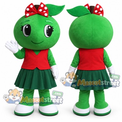 Green Apple Mascot Costume with Red Shirt and Green Skirt