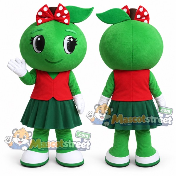 Green Apple Mascot Costume with Red Shirt and Green Skirt