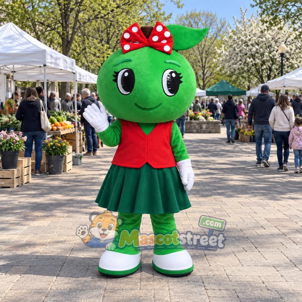 Green Apple Mascot Costume with Red Shirt and Green Skirt