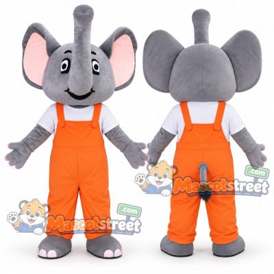 Gray Elephant Mascot Costume with Orange Overalls Gray Elephant Mascot Costume with Orange Overalls