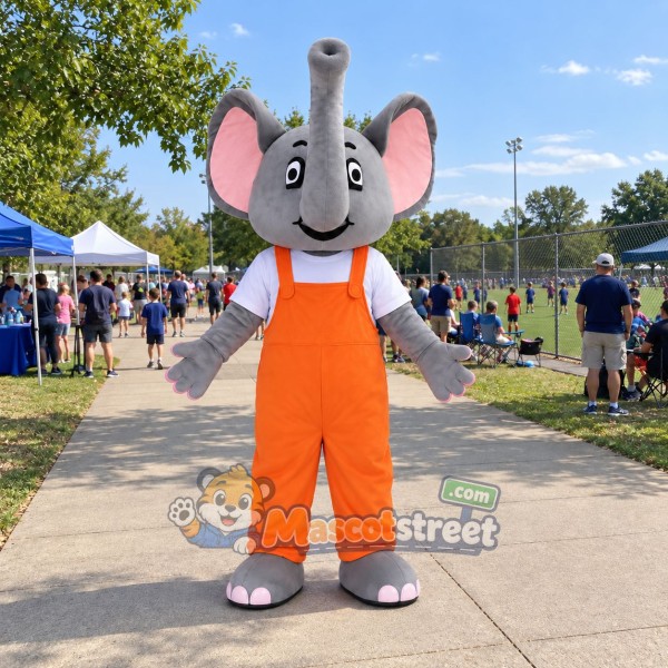 Gray Elephant Mascot Costume with Orange Overalls
