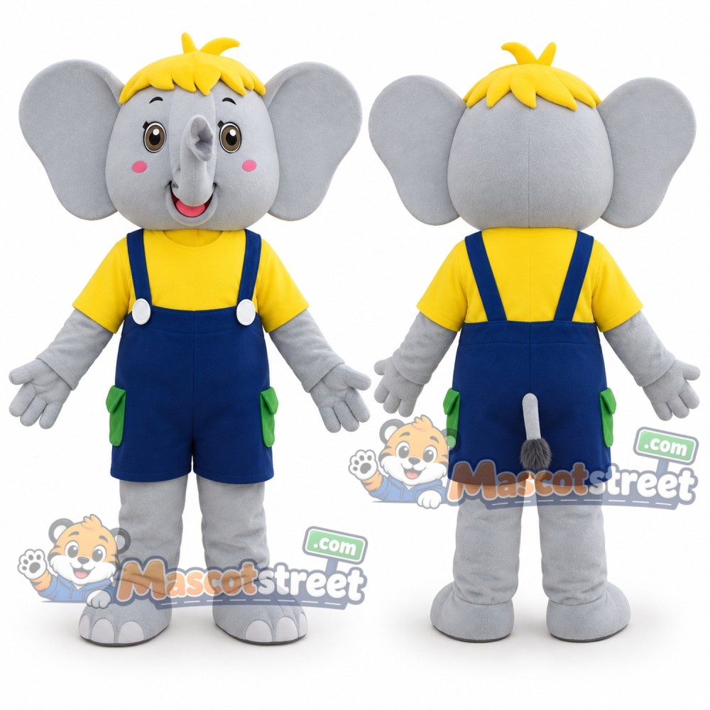 Gray Elephant Mascot Costume with Yellow Shirt and Navy Overalls Gray Elephant Mascot Costume with Yellow Shirt and Navy Overalls
