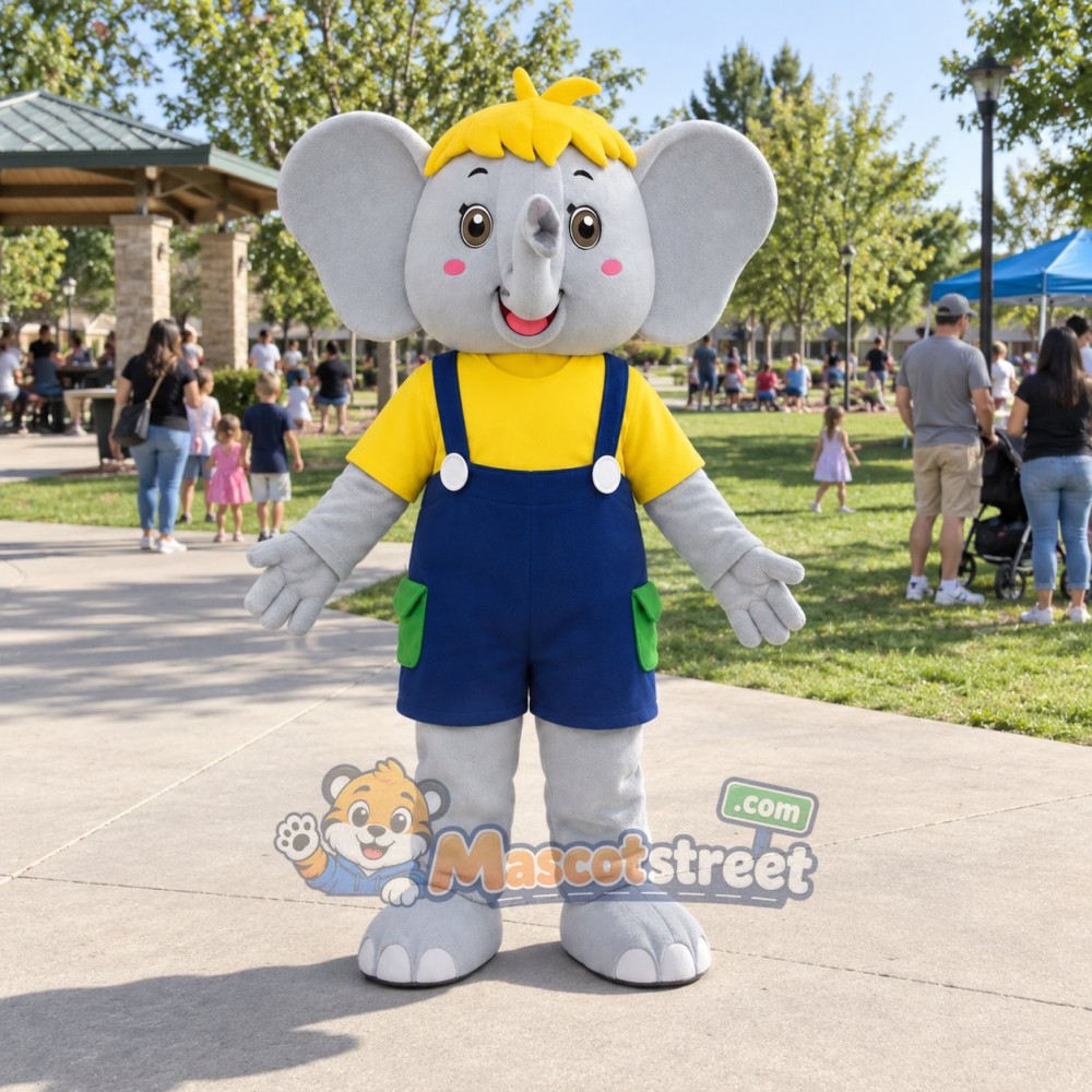 Gray Elephant Mascot Costume with Yellow Shirt and Navy Overalls Gray Elephant Mascot Costume with Yellow Shirt and Navy Overalls