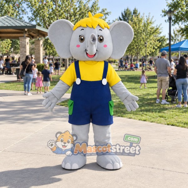 Gray Elephant Mascot Costume with Yellow Shirt and Navy Overalls