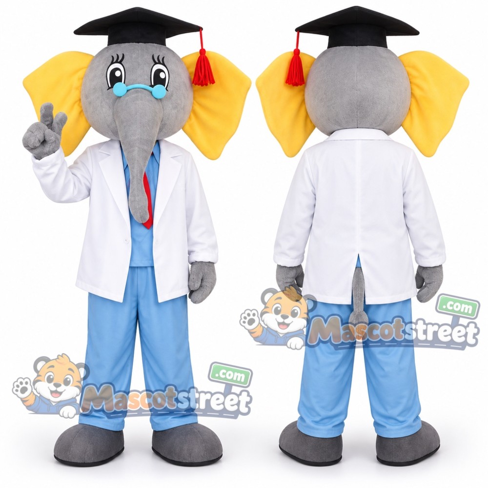 Gray Elephant Doctor Mascot Costume with White Coat, Blue Pants and Cap Gray Elephant Doctor Mascot Costume with White Coat, Blue Pants and Cap