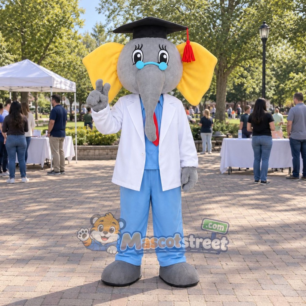 Gray Elephant Doctor Mascot Costume with White Coat, Blue Pants and Cap Gray Elephant Doctor Mascot Costume with White Coat, Blue Pants and Cap