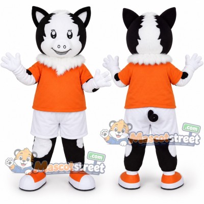 Black and White Pig Mascot Costume with Orange Shirt and White Shorts Black and White Pig Mascot Costume with Orange Shirt and White Shorts