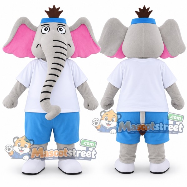 Gray Elephant Mascot Costume with White Shirt, Blue Shorts and Blue Cap