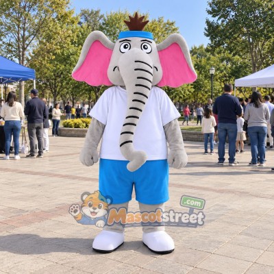 Gray Elephant Mascot Costume with White Shirt, Blue Shorts and Blue Cap Gray Elephant Mascot Costume with White Shirt, Blue Shorts and Blue Cap
